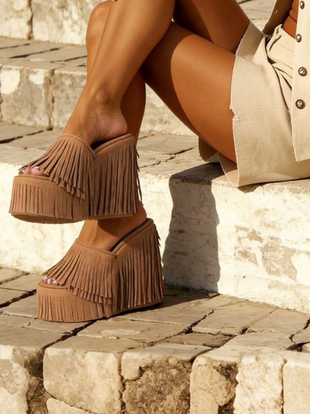 Brown Bohemian Women's Wedge Platform Slip-On Chunky Slide Sandals Open Toe - Picture 4 of 10